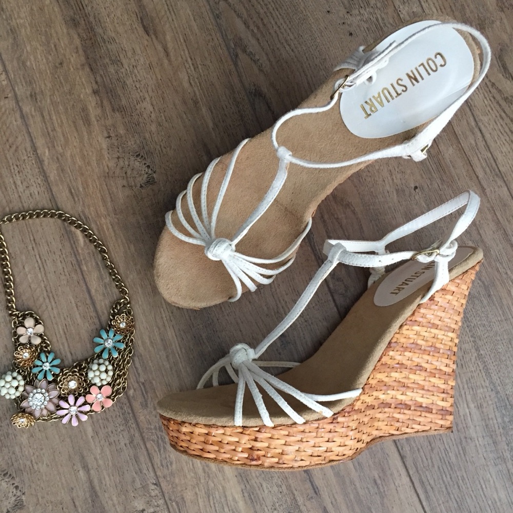 Colin Stuart Strappy Wicker Wedges White - Picture 1 of 5
